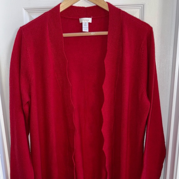 100% Cashmere Cardigan Sz 2 Large Red Scalloped Trim Elegant Casual Lightweight